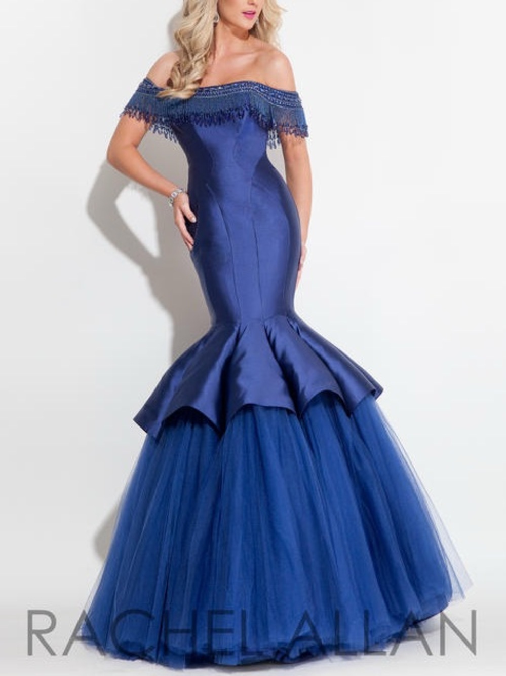 Rachel Allan 7087RA Navy Beaded Fringe Mermaid Prom Gown Dress Size 2 NWT